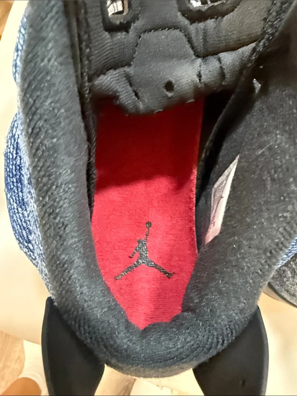 Nike High-Top Denim-Look Sneakers in Blue, Black & Tan with Red Lace Locks